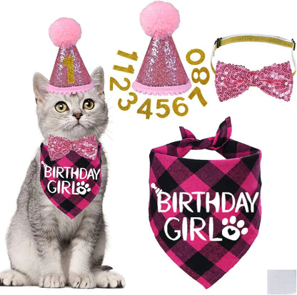 Pet Birthday Glitter Bow Tie and Hat Set with Decor