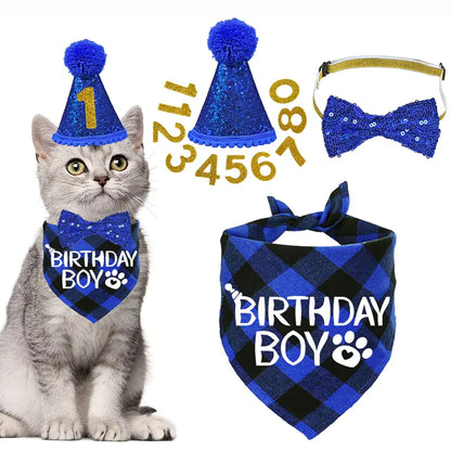 Pet Birthday Glitter Bow Tie and Hat Set with Decor